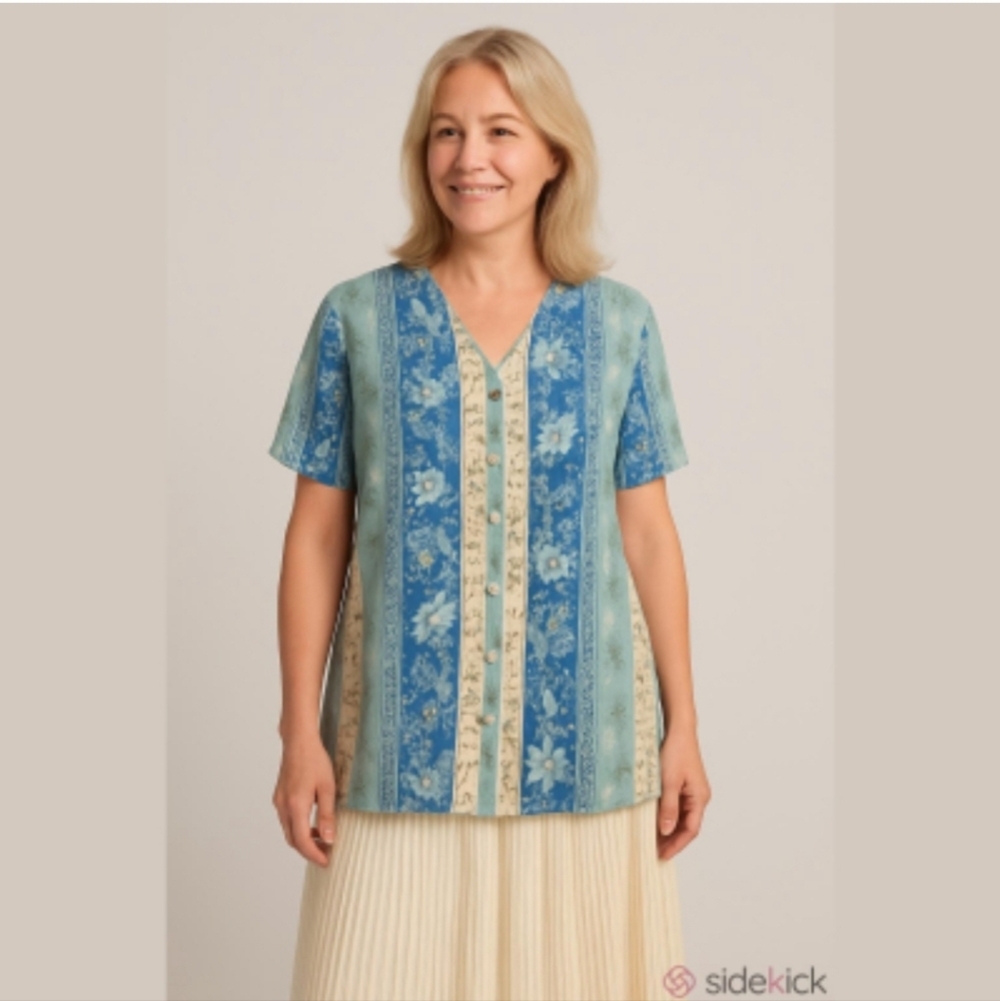 🍉Vintage Bohemian Ashley Taylor Blue Ivory 90s Y2K Floral Tunic Button Front - Picture 2 of 16